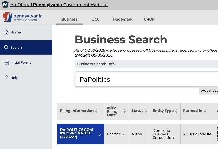 Pennsylvania Department of State business record for PA-POLITICS.COM INCORPORATED, initial filing date 11/27/1996